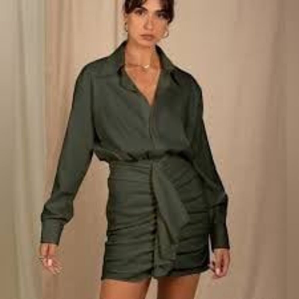 Rayane Bacha Ipanema Linen Mini Shirt Dress in the khaki / olive green